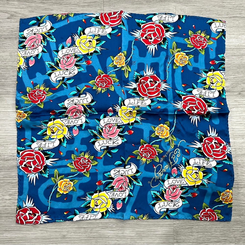 ED HARDY | Colorful Floral Scarf with Love and Luck Motifs